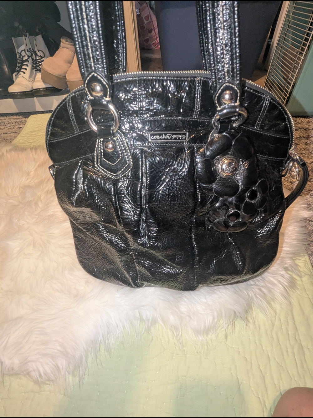 Coach Poppy Black Patent Leather Shoulder Bag